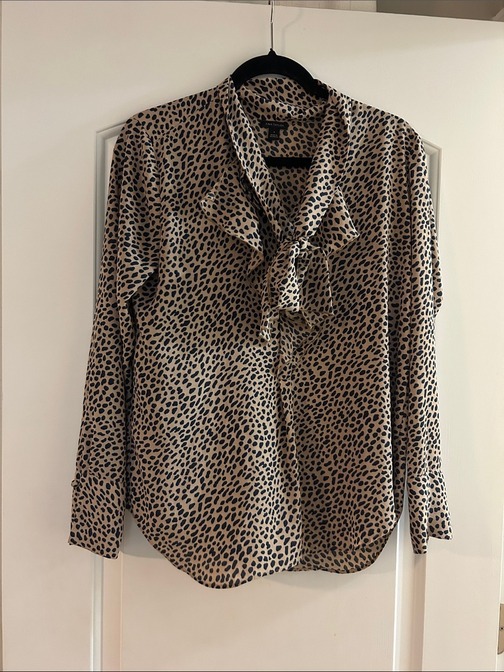 Ann Taylor Beige and Black Leopard Tie-Neck Blouse